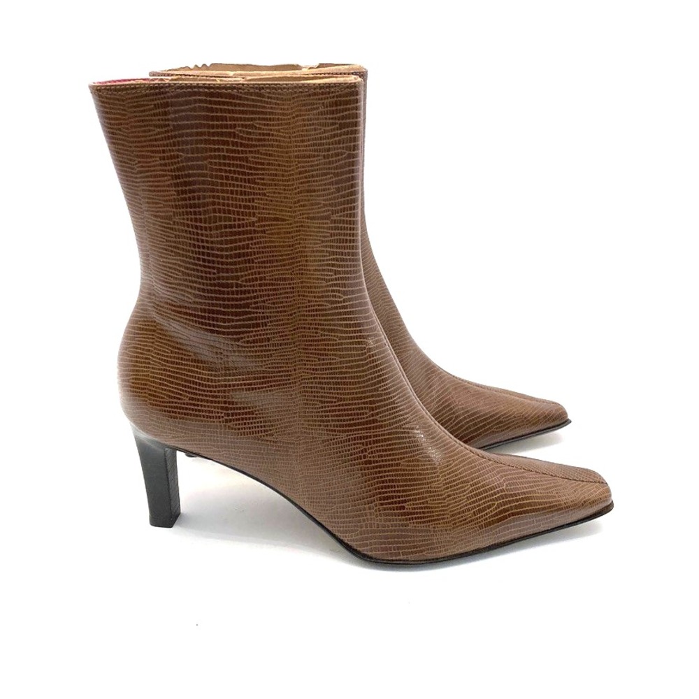 Marcello Paci Brown Leather Ankle Boots Womens 7.5M Snake Skin Embossed Brazil